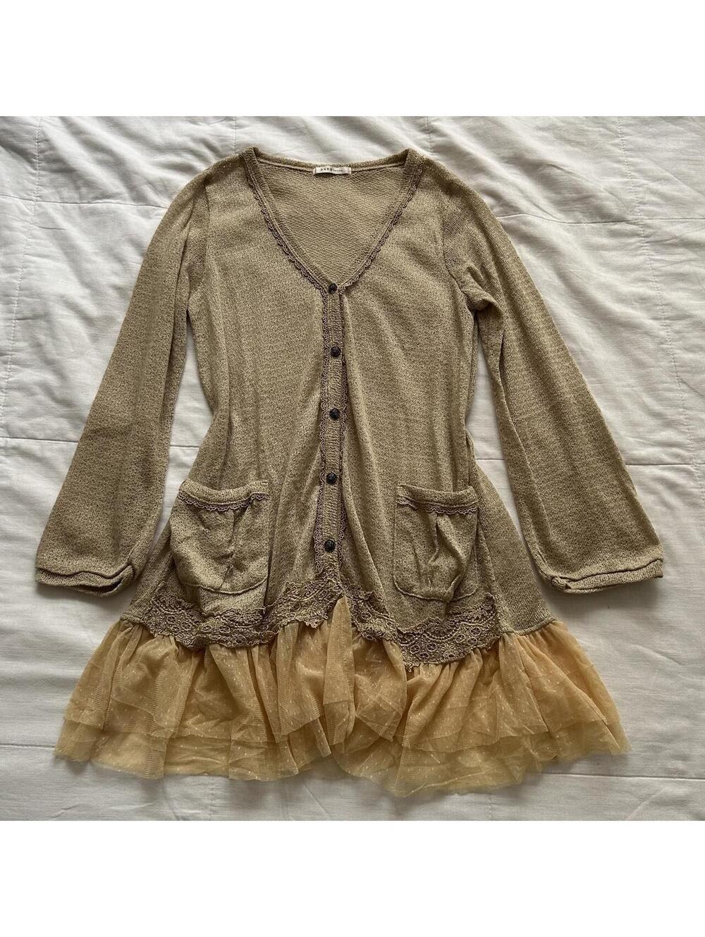 Axes Femme Gold Yellow Knit Cardigan Lace Ruffle Tiered Hem Medium Japan